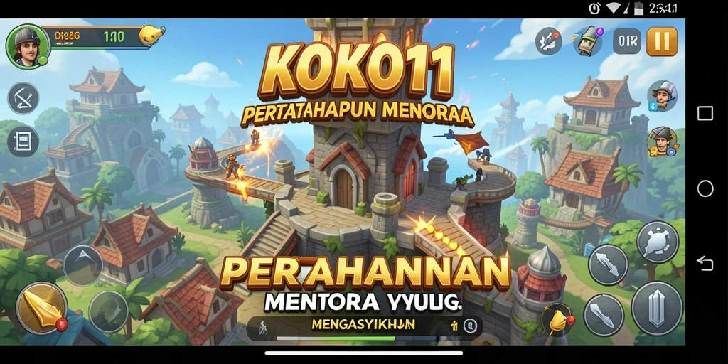 Screenshot utama KOKO11 yang menunjukkan serangan menara dalam gameplay Tower Defense.