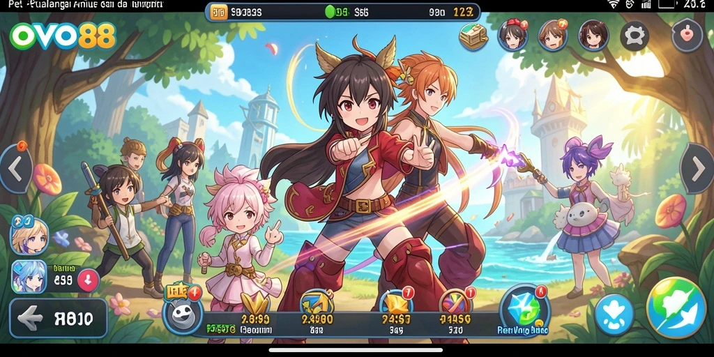 Tangkapan layar OVO88 menunjukkan aksi pertandingan seru karakter anime.
